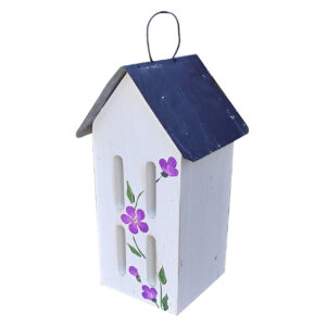 Butterfly House With Handpainted Flowers & Metal Roof – White W/Purple Flowers