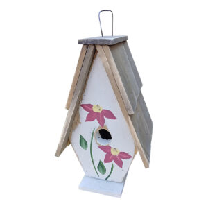A Frame Birdhouse With Handpainted Flowers & Wood Roof  – White W/Dark Pink Flowers