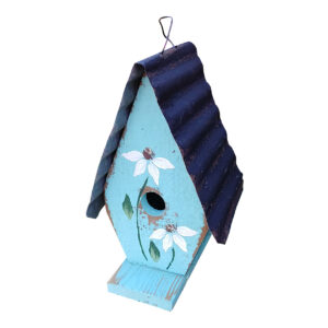 A Frame Birdhouse With Handpainted Flowers & Metal Roof  – Turquoise W/White Flowers