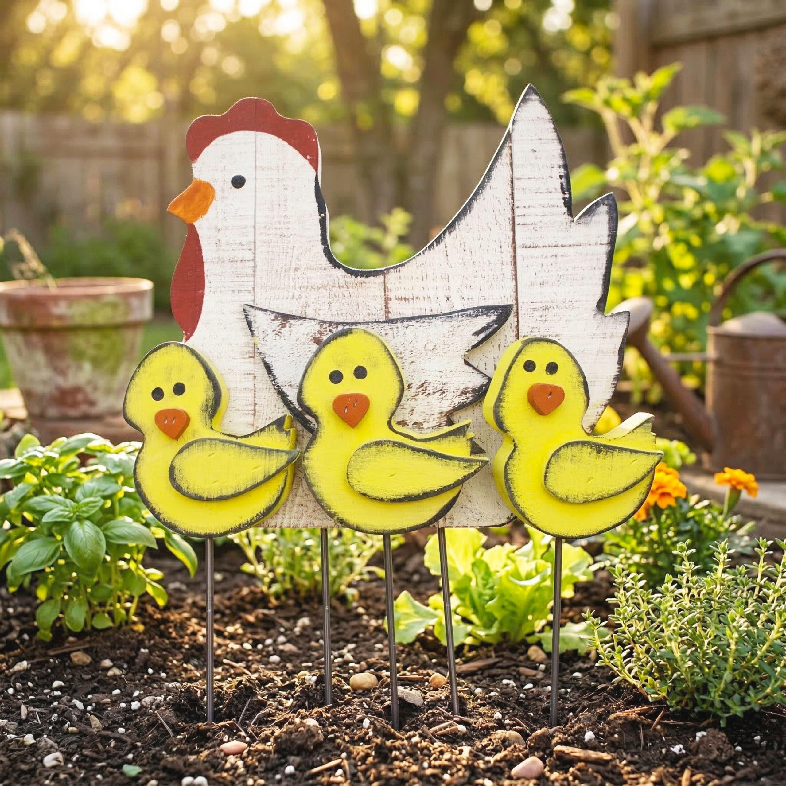 Mother Hen & 3 Baby Chicks On Metal Rods - Image 2