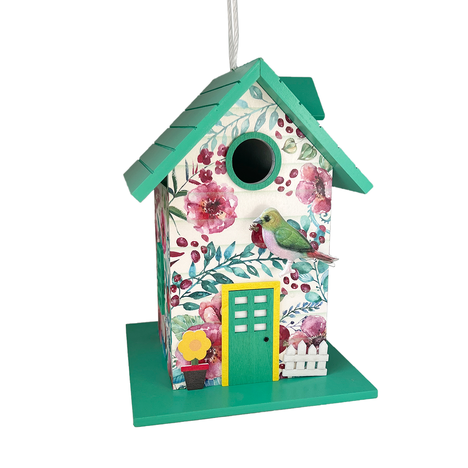 Garden Flower Cottage with Metal Bird Birdhouse