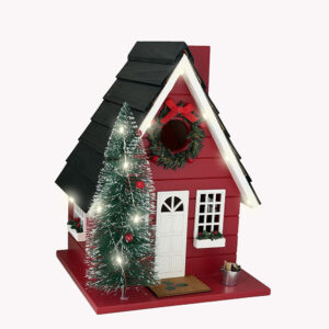 Festive Lodge Birdhouse W/L.E.D Lights – Red